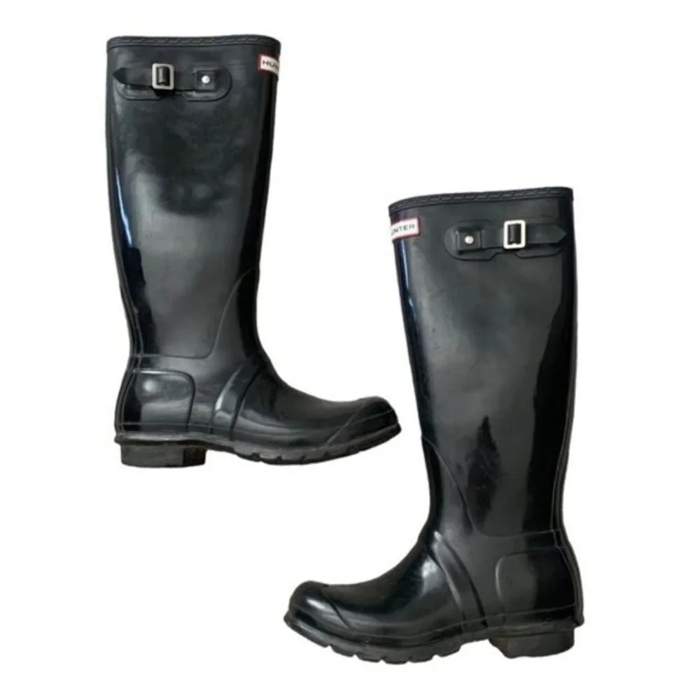 Hunter Wellies Tall Glossy Black Rain Boots Size 6